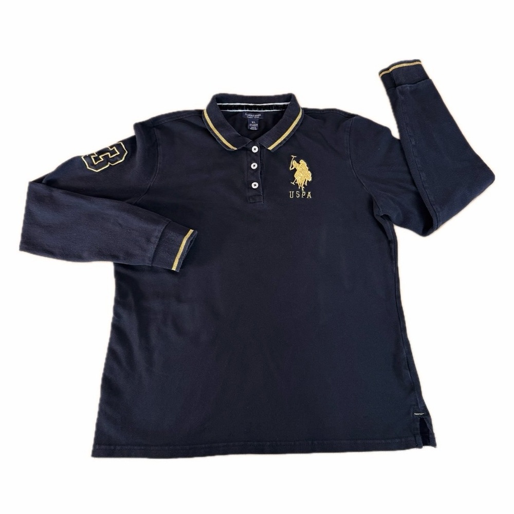 U.S. Polo Assn. Women’s Long Sleeve Polo Shirt Black & Gold Embroidered XL